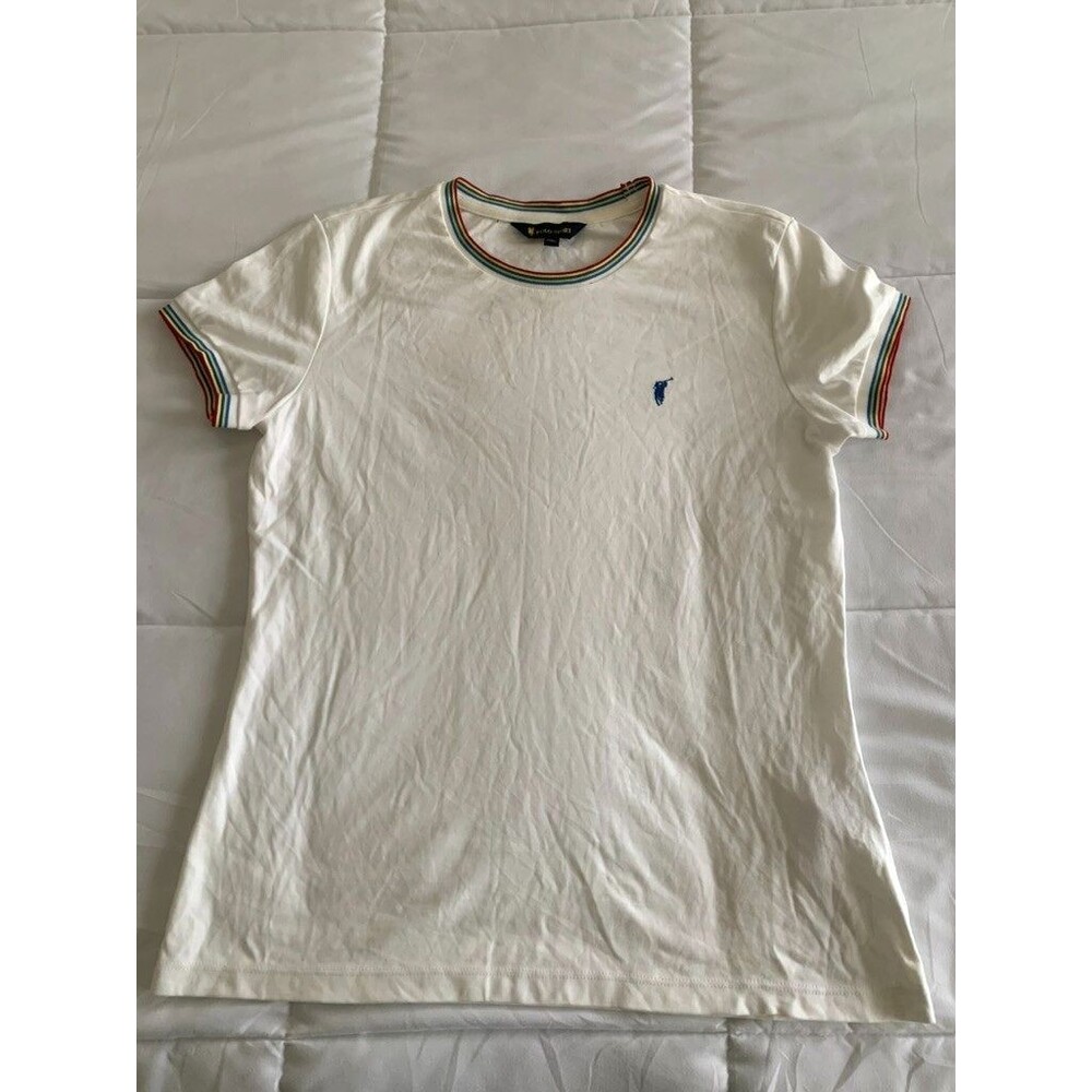 Polo Sport Womens Ringer tshirt Large rainbow trim stretch active tennis golf